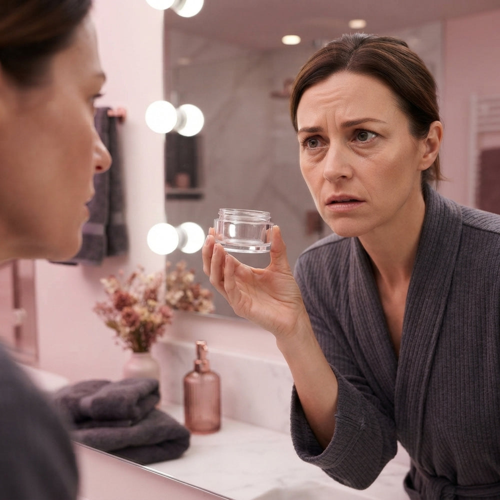 A woman examining fine lines under her eyes in a bright, modern bathroom mirror, reflecting frustration with standard skincar