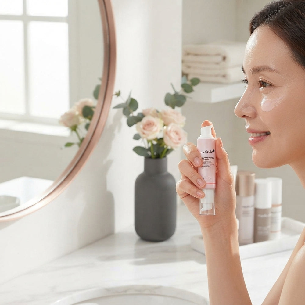 A woman applying advanced eye serum under her eyes in a bright modern bathroom setting.
